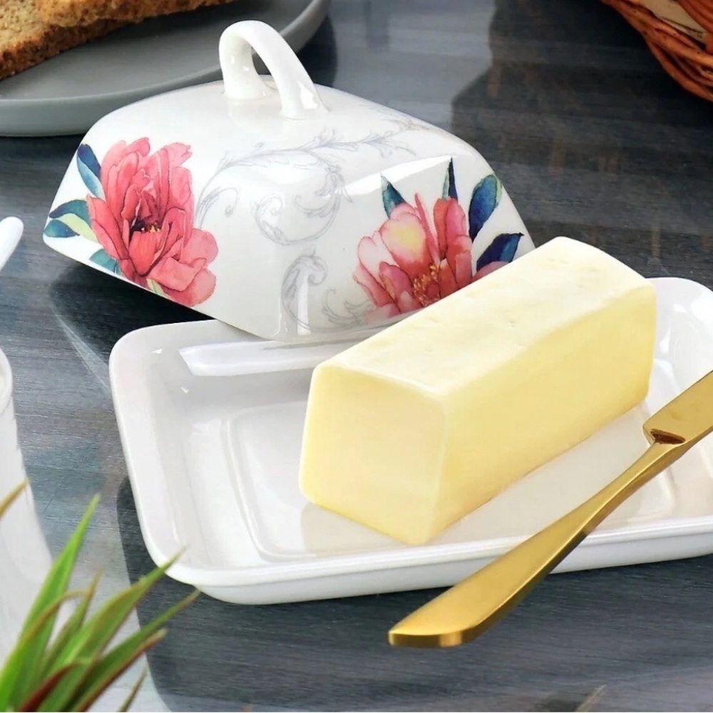 Martha Stewart Covered Butter Dish Peony Collection with Lid 7" Floral - Picture 5 of 6